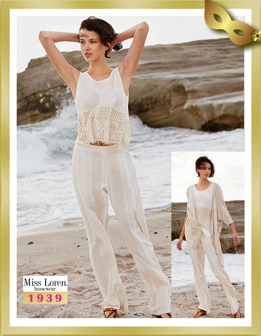 Miss Loren Sleeveless Top with Crochet and Striped Long Pants with Robe Set (3 Pcs) 1939
