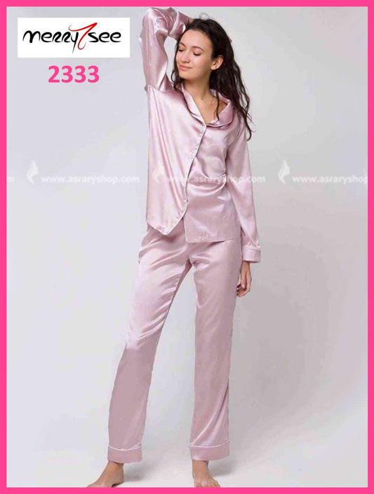 Merry-See Buttoned Shirt Collar Long Satin Pajamas Set 2333 M
