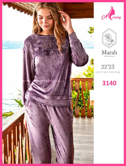 Marah Velvet Embroidered Pajamas with Back Lace Details 3140 XL