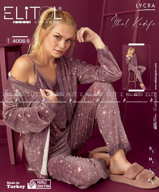 Elitol Velvet Long Pajamas Set with Robe 4006-5