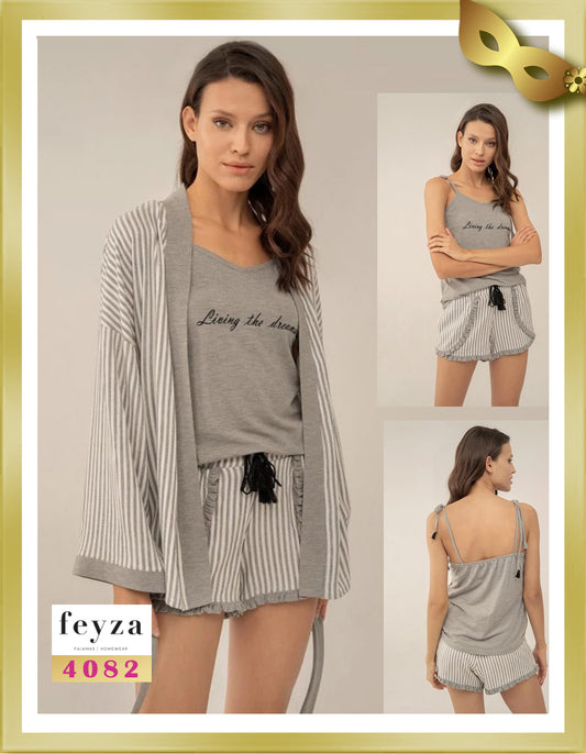 Feyza Sleeveless Short Striped Pajamas and Robe Set 4082