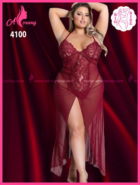 Asrary Shop Special Size Mesh and Lace Long Lingerie Nightgown 4100 2XL-3XL Burgundy