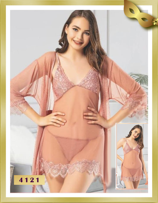 Dance Mesh and Lace Nightgown and Robe Set 4121 Salmon