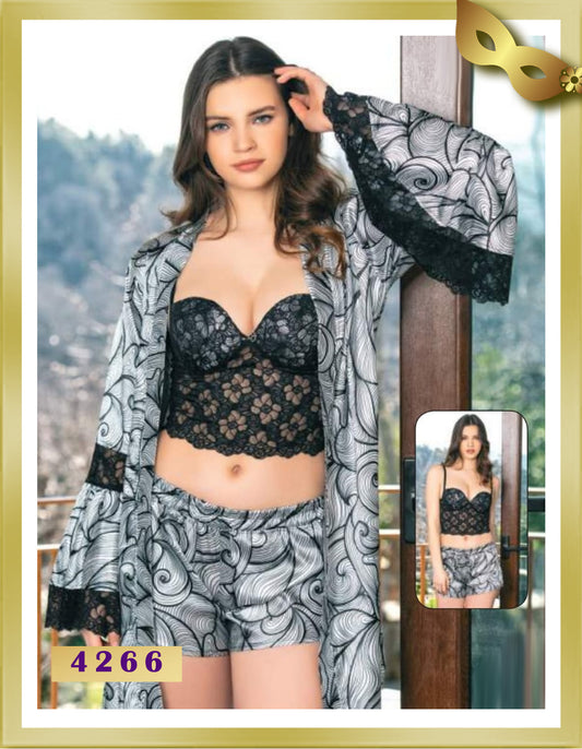 Dance Short Lingerie Satin with Lace Bustier Pajamas with Robe 4266