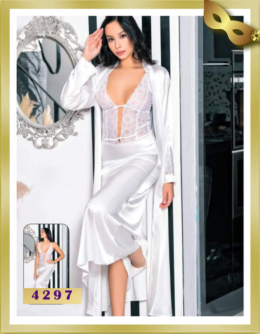 Dance Long Satin with Lace Lingerie Nightgown & Robe Set 4297