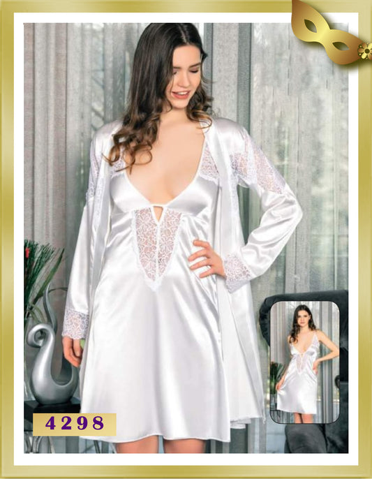Dance Short Satin with Lace Lingerie Nightgown & Robe Set 4298