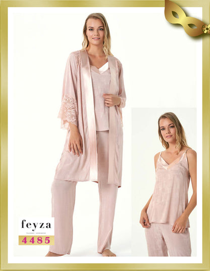 Feyza Lace Detailed Long Pajamas with Robe Set (3 Pcs) 4485 Alto
