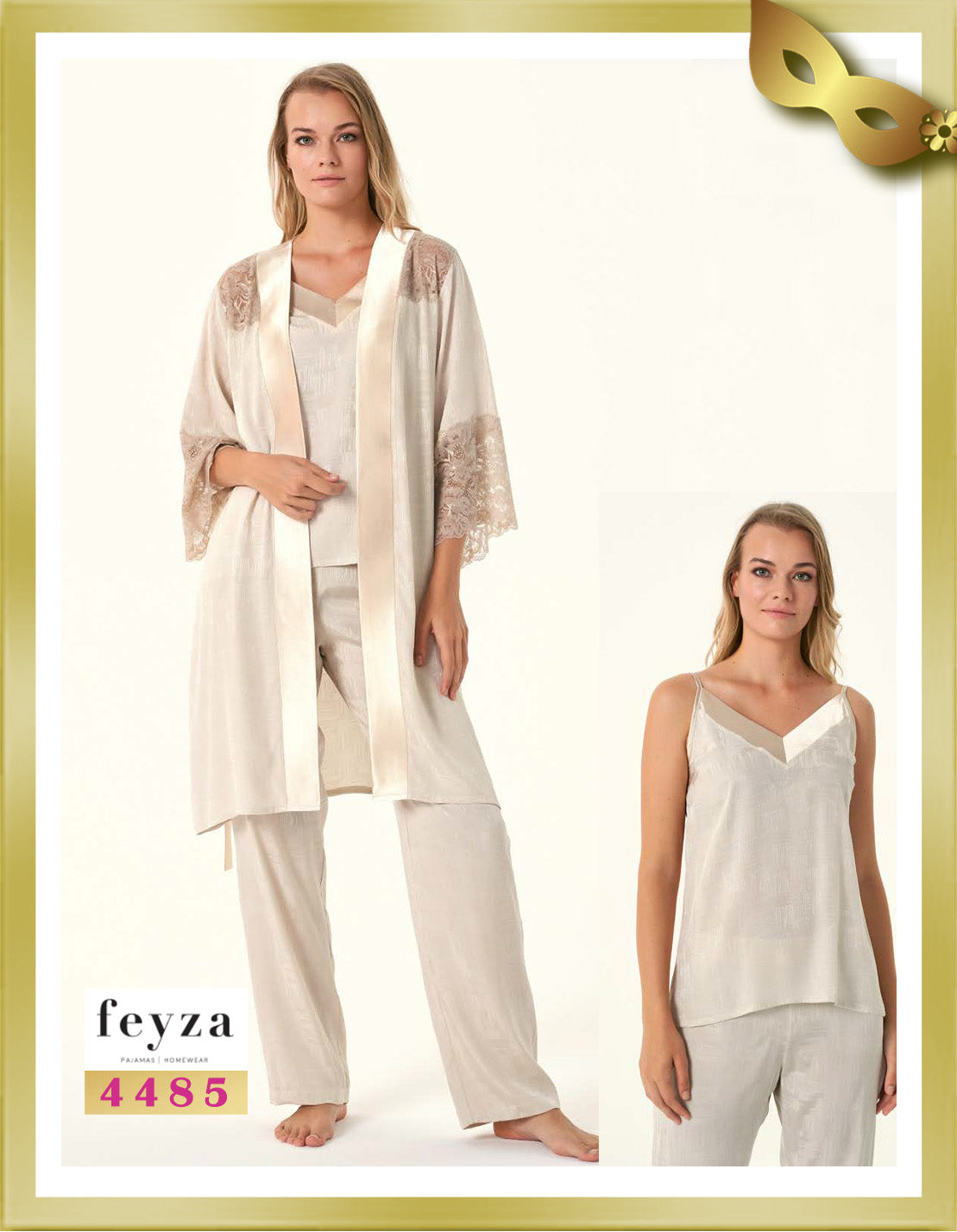 Feyza Lace Detailed Long Pajamas with Robe Set (3 Pcs) 4485 Vista White