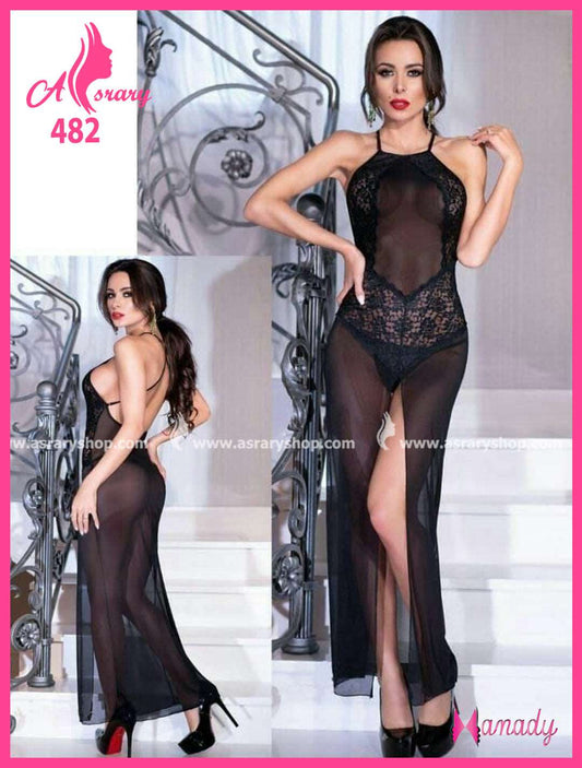 HN Mesh with Lace Long Lingerie Nightgown 482 M-L