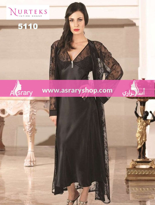 Nurteks Lingerie Satin Lingerie Nightgown with Lace Robe Set 5110 Black