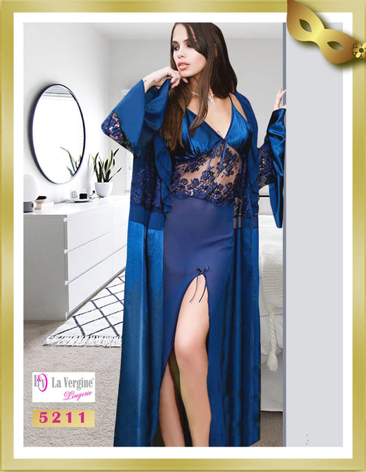 La Vergine Long Satin with Lace Lingerie Nightgown & Robe Set 5211