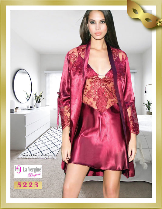 La Vergine Short Satin with Lace Lingerie Nightgown & Robe Set 5223