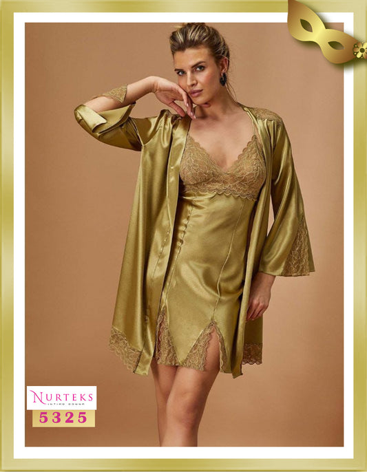 Nurteks Lingerie Satin with Lace Lingerie Nightgown with Robe Set 5325 Husk