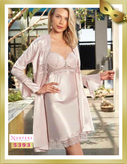 Nurteks Lingerie Satin with Lace Lingerie Nightgown with Robe Set 5393 Pot Pourri
