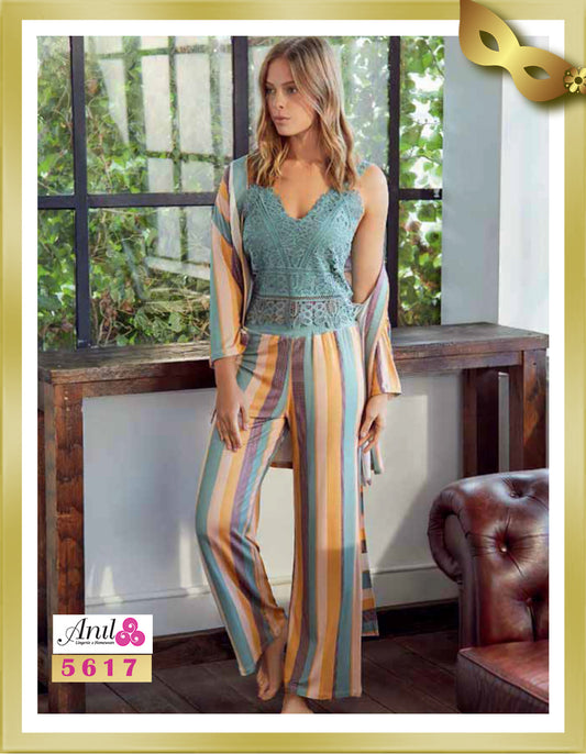 Anil Striped Robe and Pant with Lace Bustier Pajamas Set (3pcs) 5617 XL