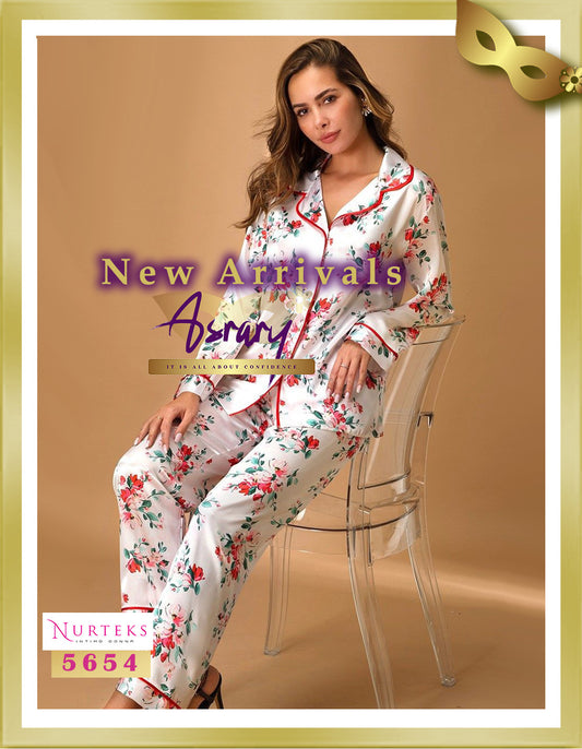 Nurteks Lingerie Floral Long Satin Pajamas 5654 Off-White