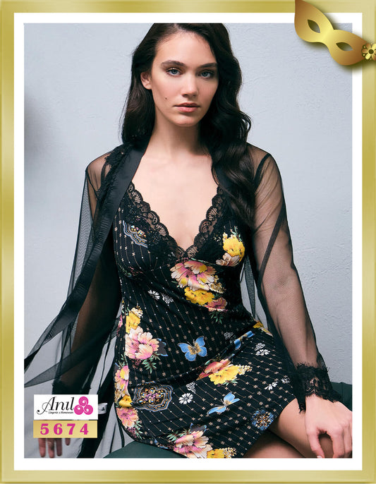 Anil Tulle Robe & Flower Printed Short Nightgown Set 5674