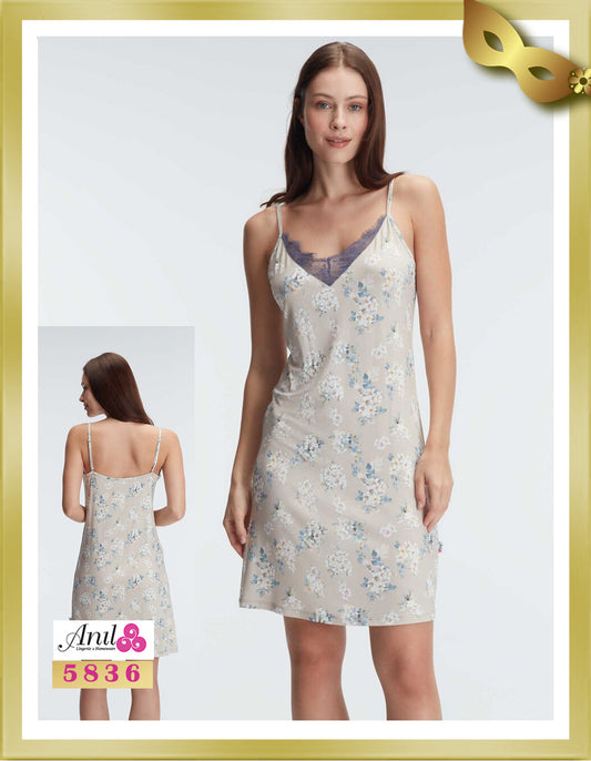 Anil Floral Patterned Mini Lace Detailed Nightgown 5836