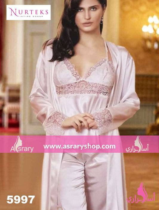Nurteks Lingerie Long Satin Lingerie Pajamas with Robe Set (3pcs) 5997 Pearl Pink