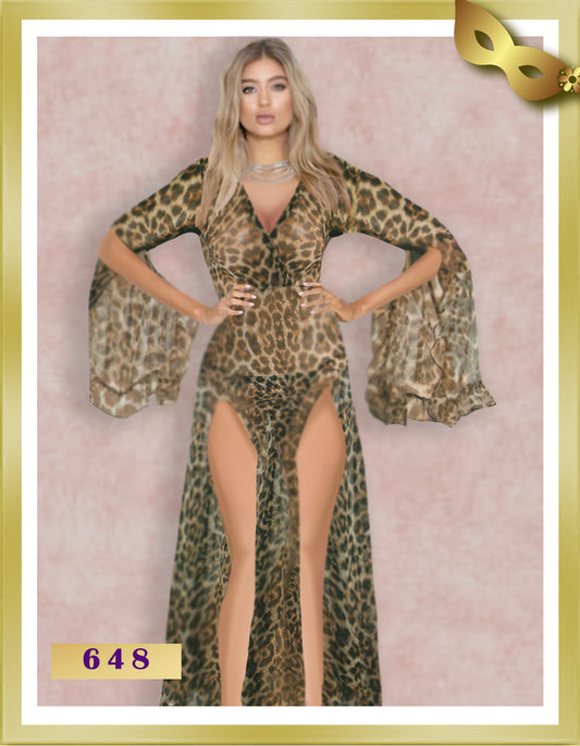 Dots Long Leopard Printed Tulle Lingerie Nightgown 648