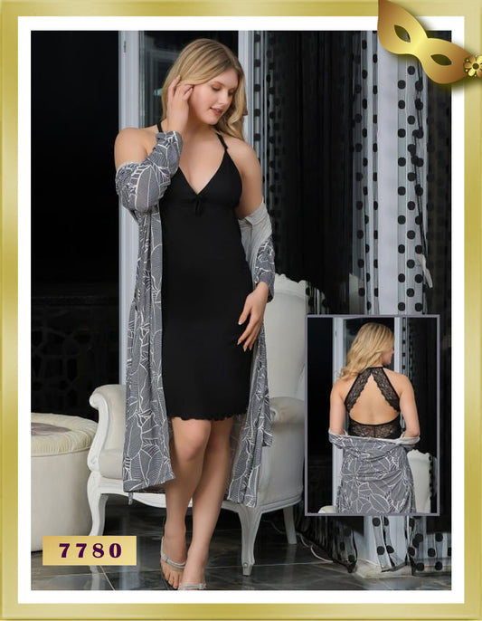 Marti Lace Detailed Back Nightgown and Robe Set 7780