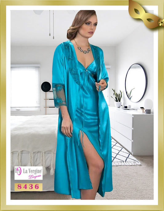 La Vergine Long Satin with Lace Lingerie Nightgown & Robe Set 8436