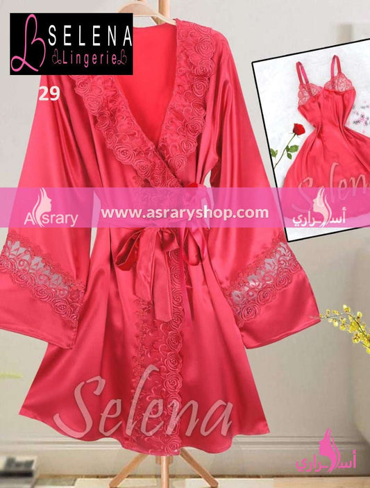 Selena Bridal Short Satin With Lace Lingerie Nightgown with Robe Set 29 L-XL Cranberry