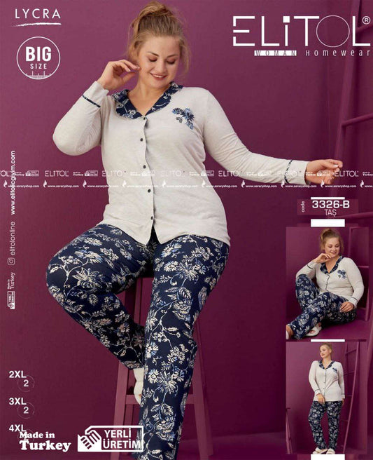 Elitol Special Size Long Cotton Pajamas with Buttons 3326-B