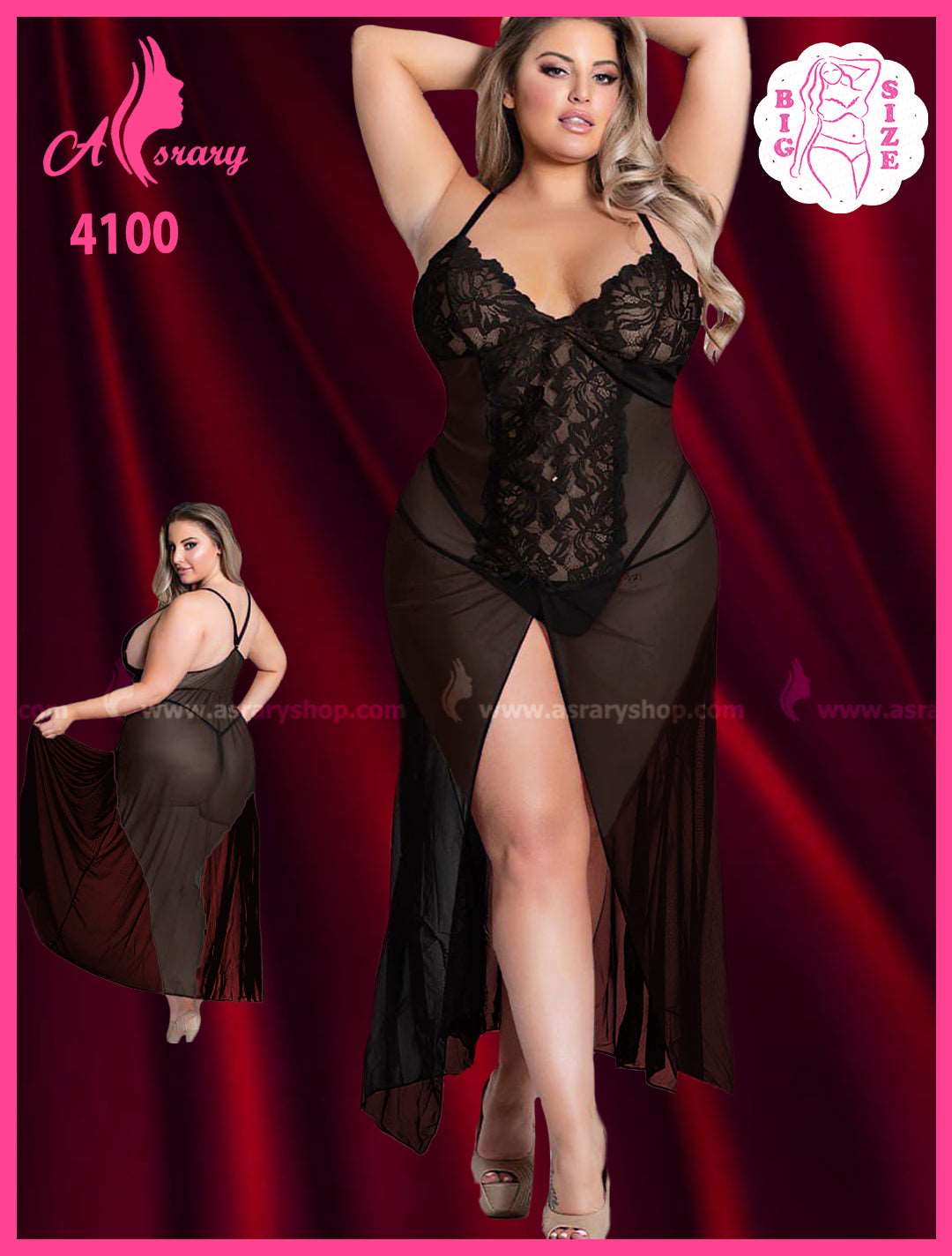 Asrary Shop Special Size Mesh and Lace Long Lingerie Nightgown 4100 2XL-3XL Black