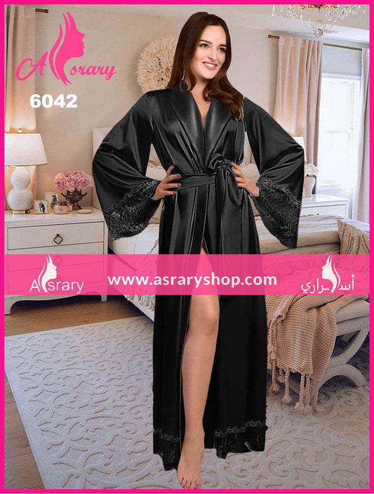 Vedette Bridal Lingerie Long Satin with Lace Robe 6042 Black