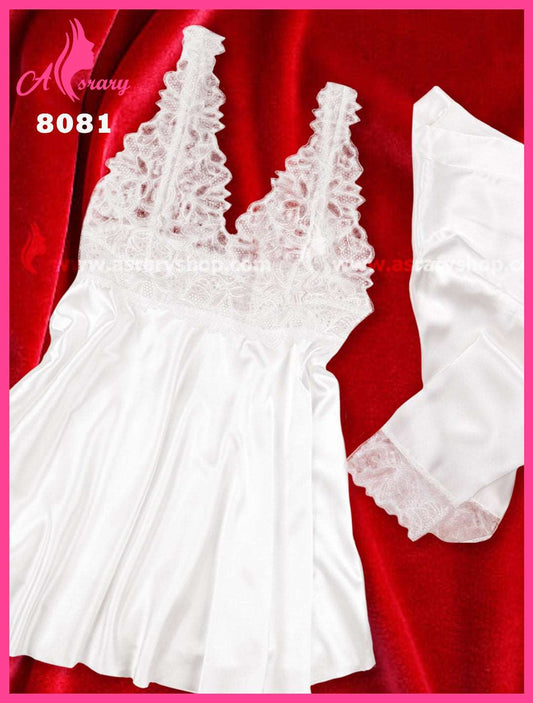 Dr.Secret Bridal Short Lingerie Satin & Lace Nightgown with Robe Set 8081 Off-White L