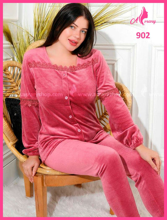Rayyan Engraved Velvet Buttoned Pajamas 902 2XL Cabaret