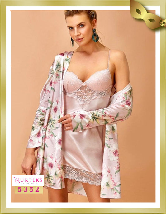 Nurteks Lingerie Satin with Lace Lingerie Nightgown with Robe Set 5352 XL